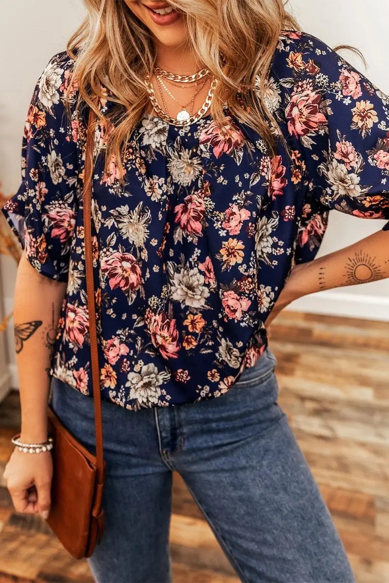 Blue Floral Short Sleeve Scoop Neck Casual Blouse for Women - Love Salve